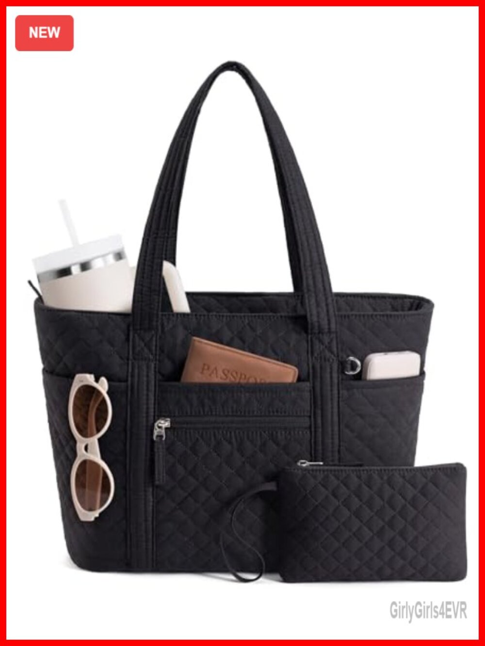 Quilted Cotton Tote Bag with Laptop Sleeve, 40oz Tumbler Pocket, Machine
